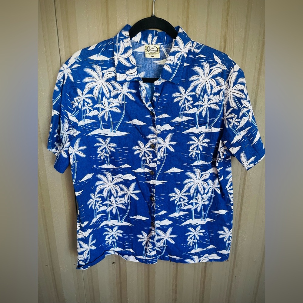 Go Barefoot VTG Men's Hawaiian Shirt Blue Cotton Little Island Palm L XL XXL USA